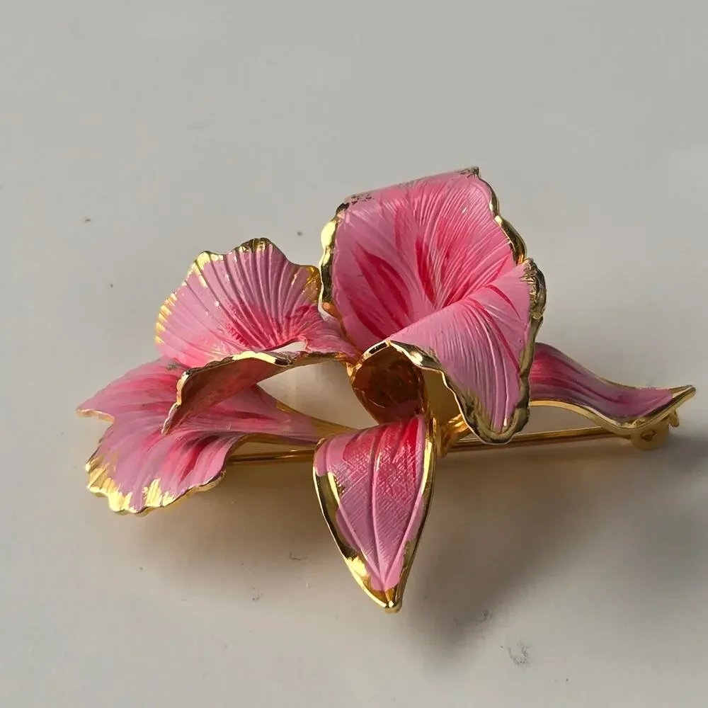 Vintage Cerrito 1982 Hand Painted Light Pink & Gold Orchid Flower Brooch Pin 2